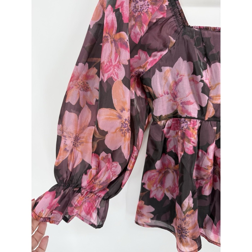Thirty/Thirty LA Pink Plum Floral Sheer Blouse Smocked Milkmaid Cottagecore M - Picture 3 of 8